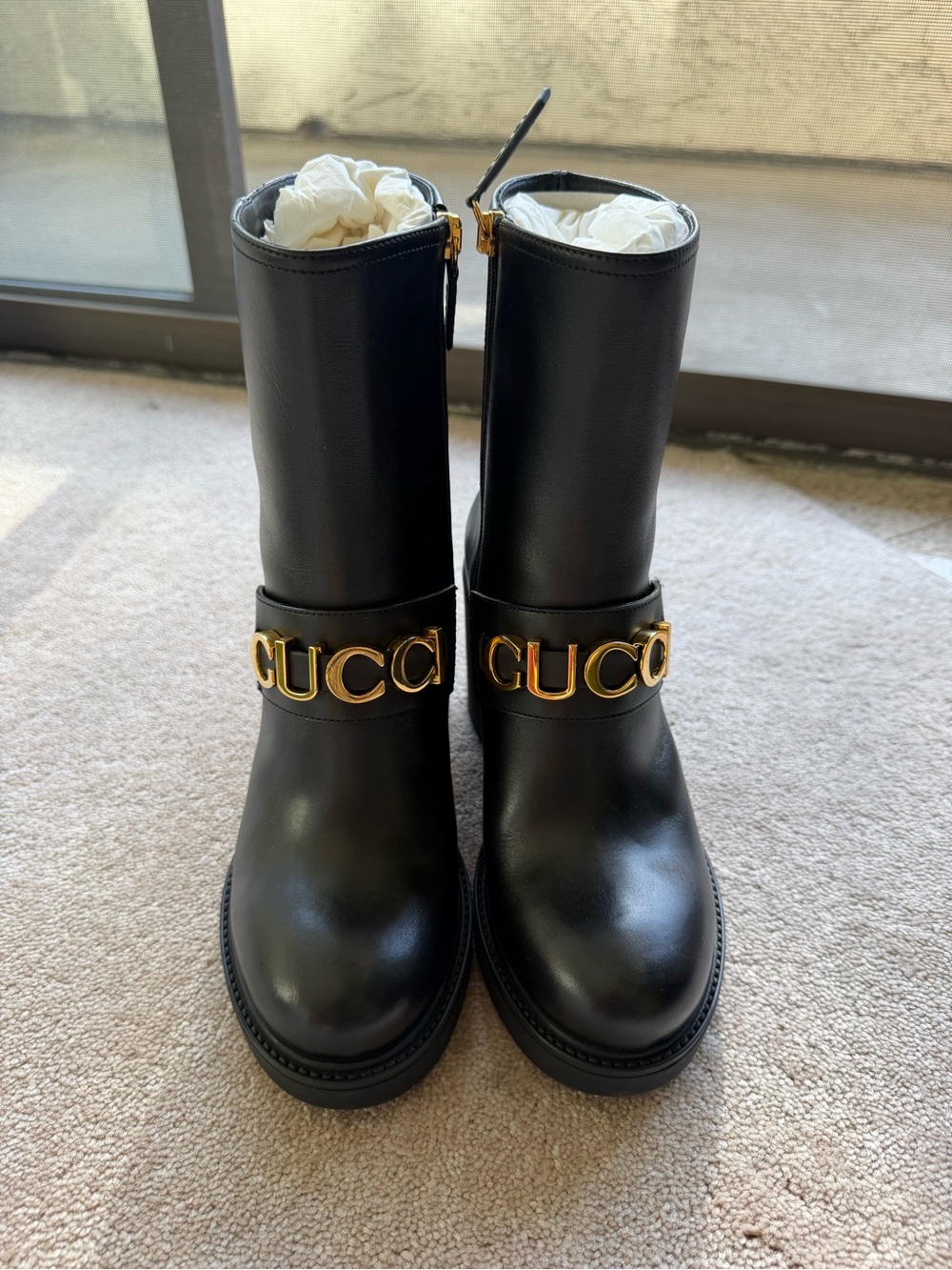 Gucci Black Leather Mid-Calf Boots with Gold GUCCI Logo
